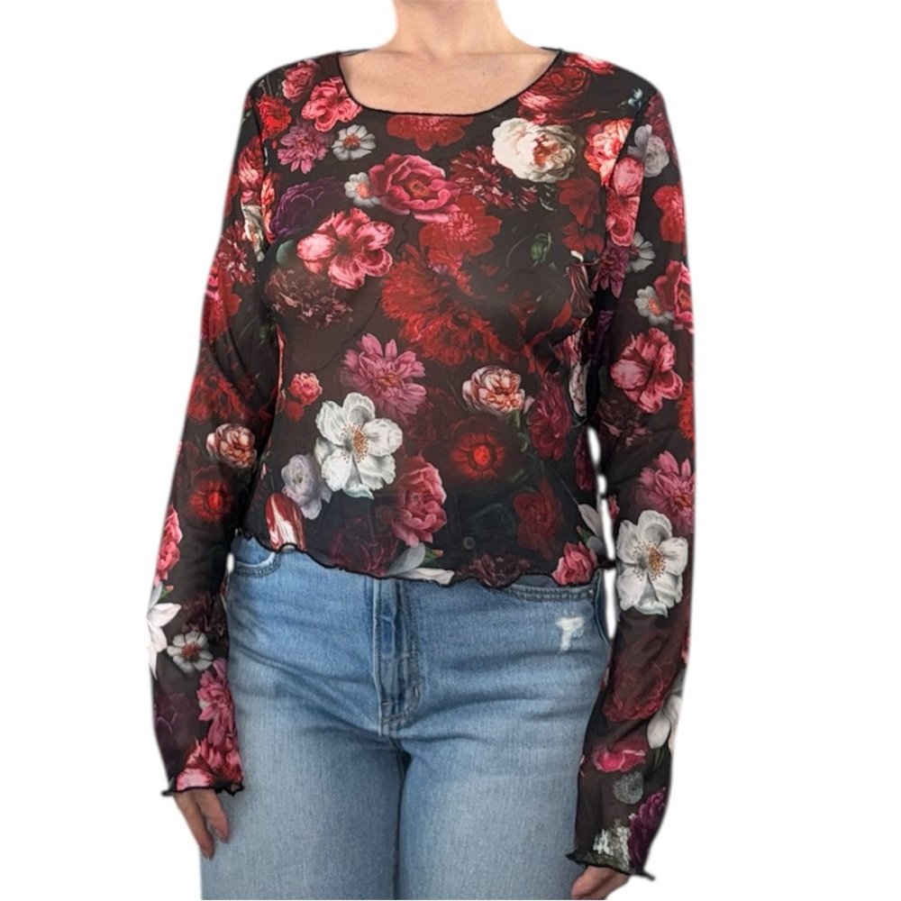 Current Mood Floral Sheer Scoop Neck Top in Black, Red & Pink